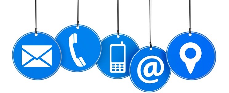 Website and Internet contact page concept with icons on blue hanged tags isolated on white background.
